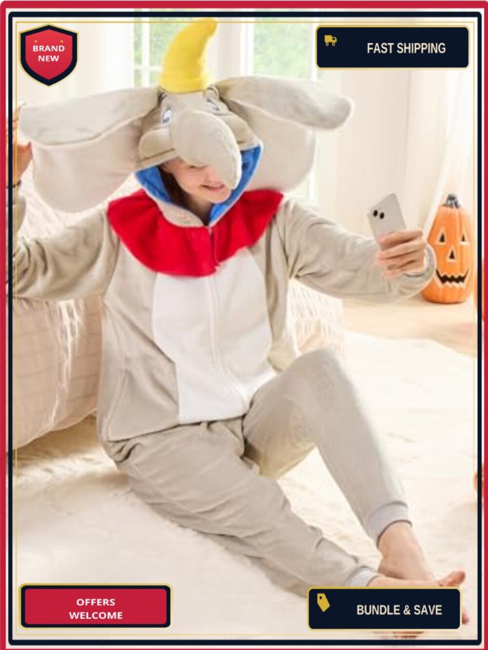 Unisex Adult Elephant Onesie Pajama Halloween Costume Fleece Sleepwear - Picture 2 of 6